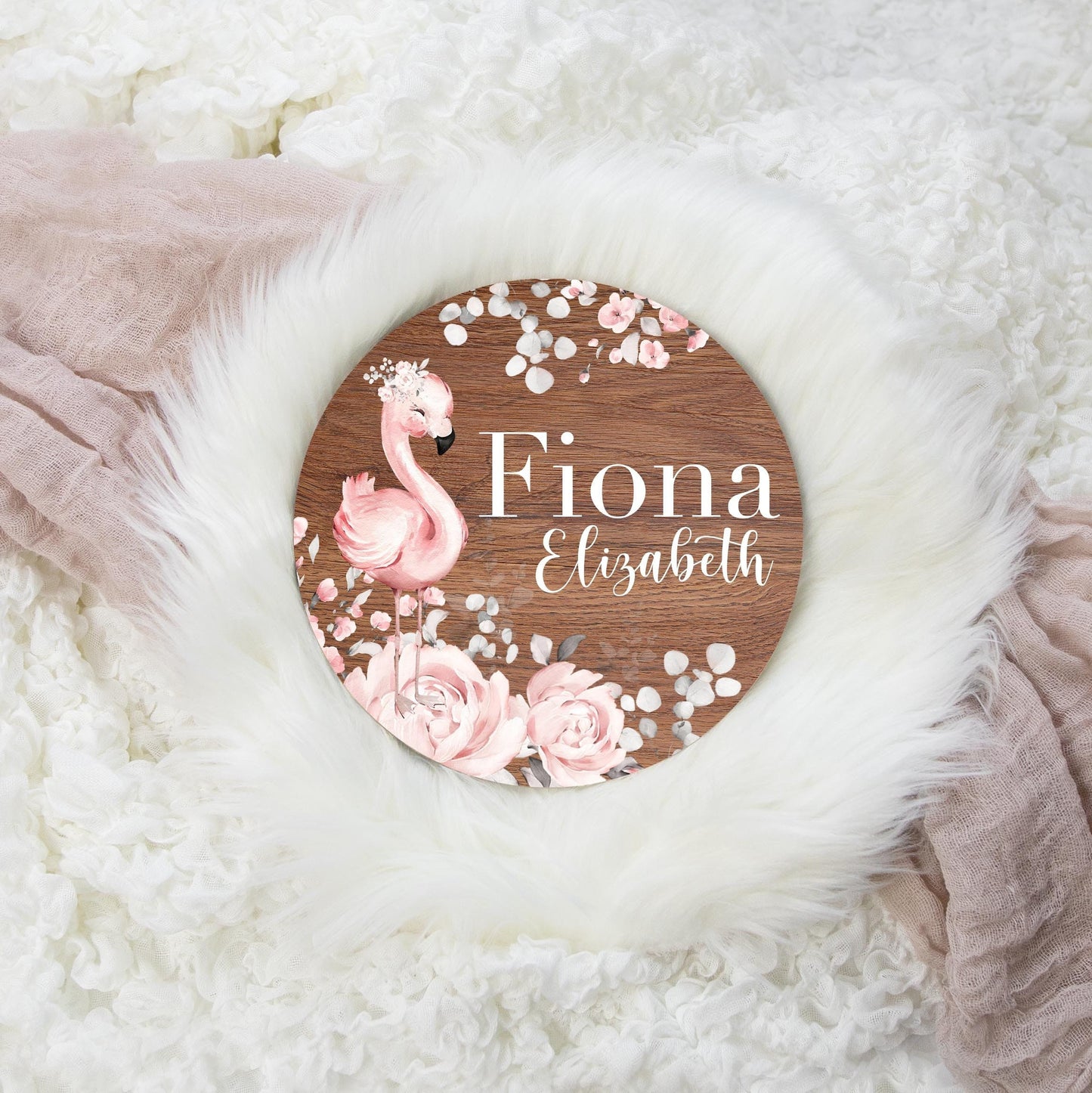 Flamingo Round Wood Name Sign,Tropical G44