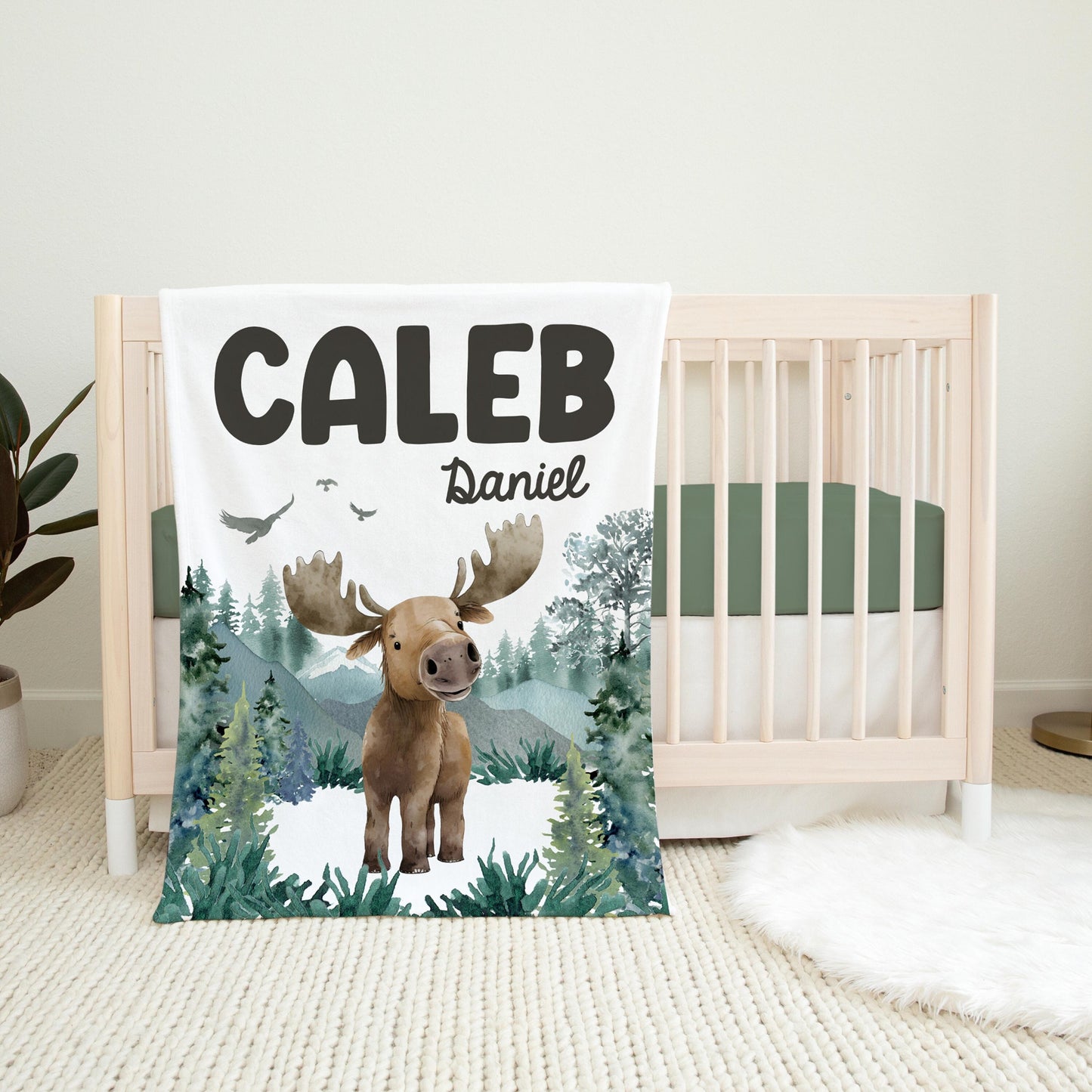 Woodland Moose Personalized Baby Boy Blanket, W44