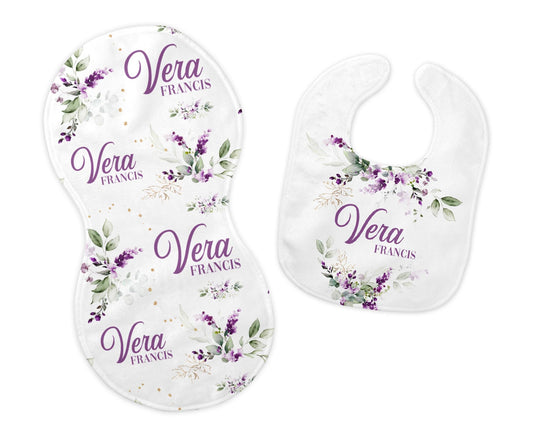 Lavender Bouquet Flowers Bib and Burp Cloth Set, F89