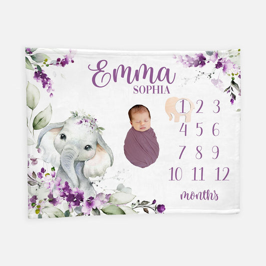 Elephant Purple Floral Baby Milestone Blanket, S51