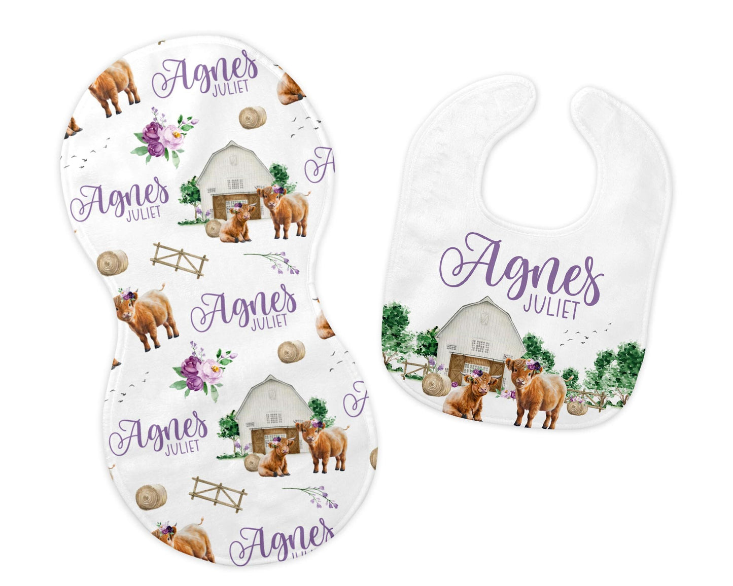 Highland Cow Bib and Burp Cloth Set, Girl C31