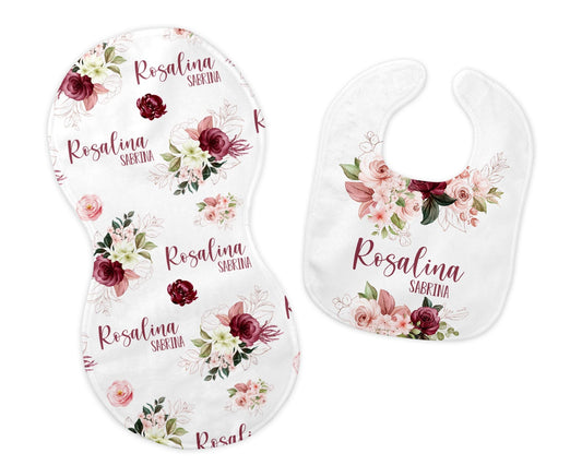 Burgundy and Blush Floral Bib and Burp Cloth Set F87