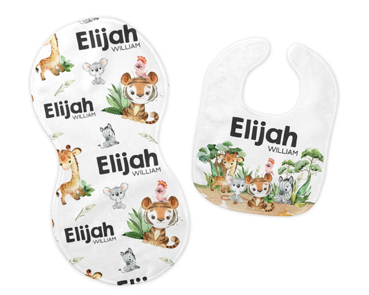 Safari Bib and Burp Cloth Set, Elephant Giraffe Lion Bib S47