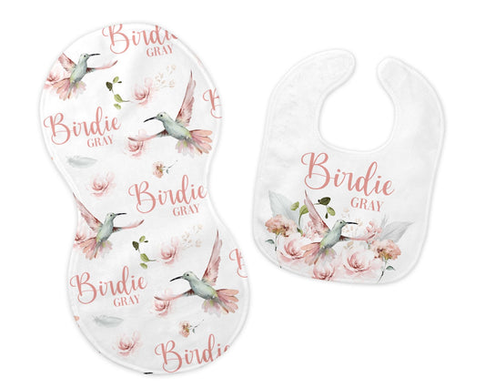 Girl Hummingbird Bib and Burp Cloth Set, G41