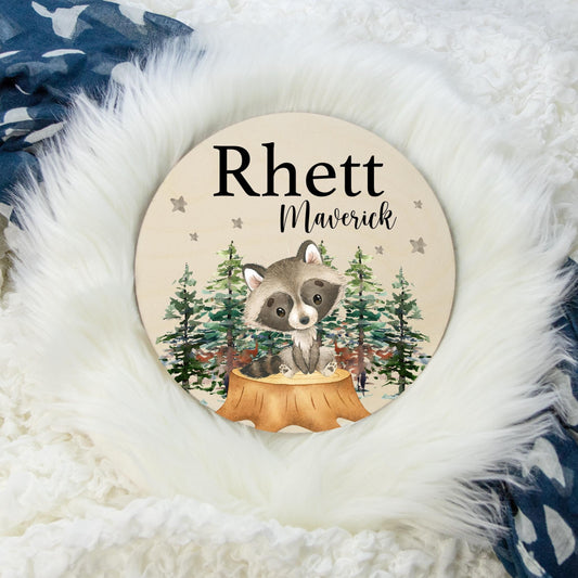 Raccoon Round Wood Name Sign, Woodland W47