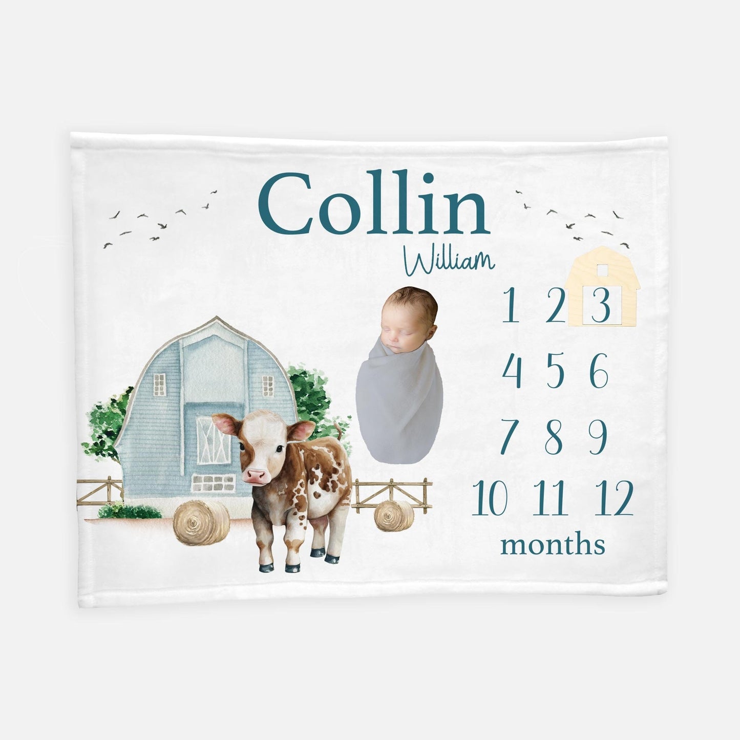 Cow Farm Animal Baby Milestone Blanket, C37