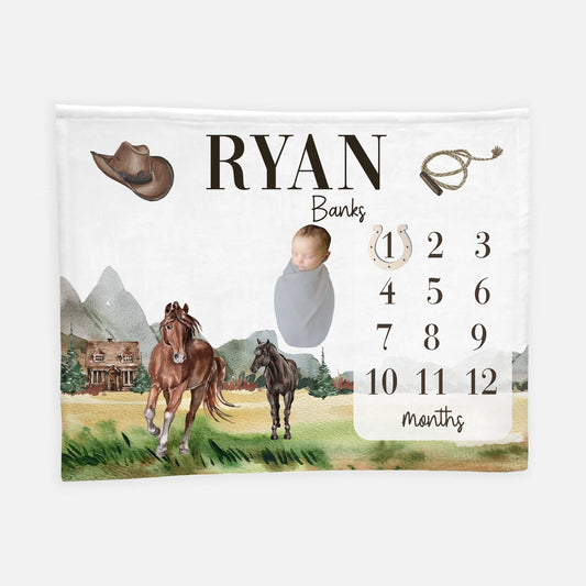 Cowboy Mountain Horse Baby Milestone Blanket, C36