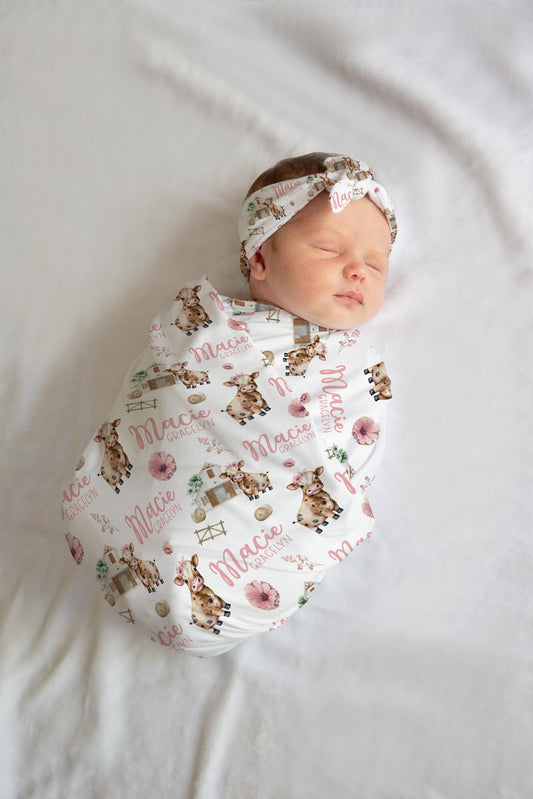 Girl Cow Swaddle Set, Floral C34