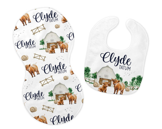 Highland Cow Bib and Burp Cloth Set, Girl C31