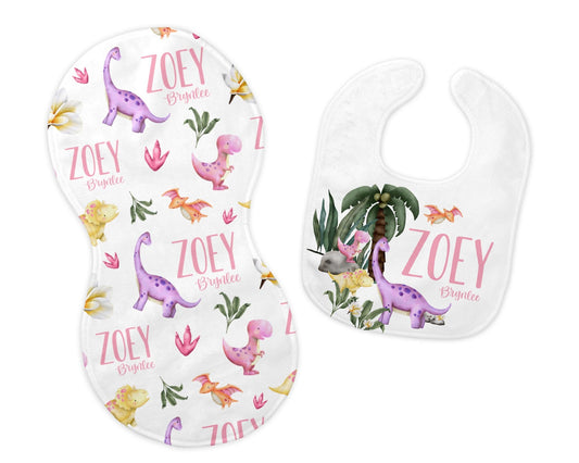 Girl Dinosaur Bib and Burp Cloth Set, G43