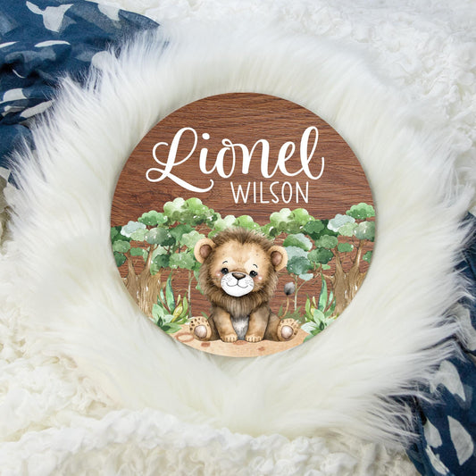 Safari Round Wood Name Sign, Jungle Lion S54