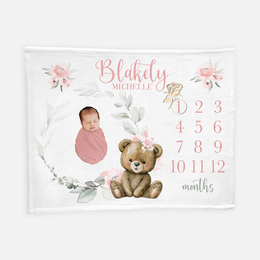 Teddy Bear Baby Milestone Blanket, Girl G55