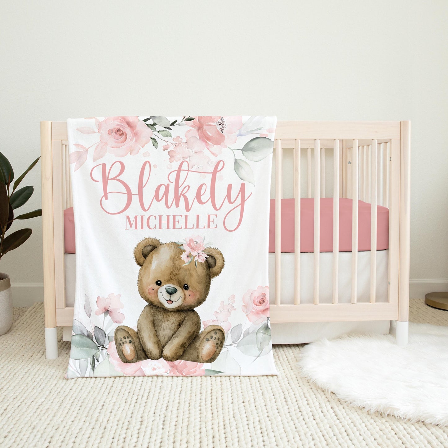 Girl Teddy Bear Baby Blanket, Pink Roses G55