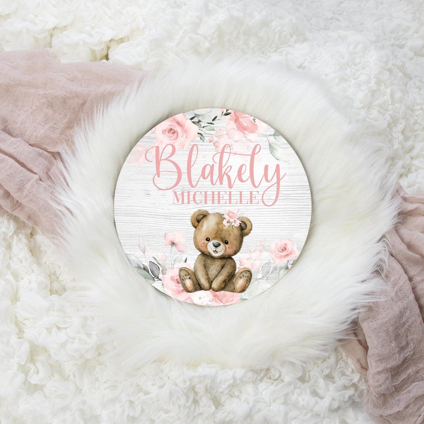 Teddy Bear Round Wood Name Sign, Girl, G55