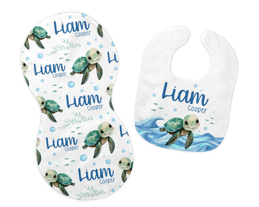 Boy Turtle Bib and Burp Cloth Set, O33