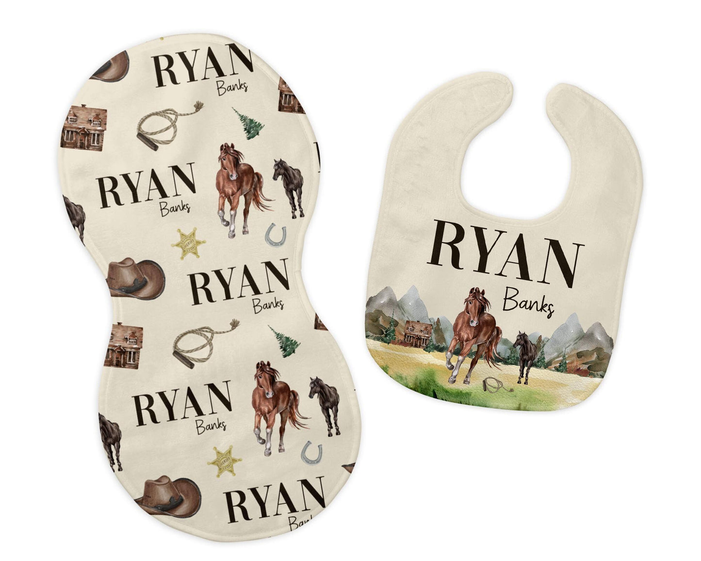 Cowboy Western Bib and Burp Cloth Set, C36