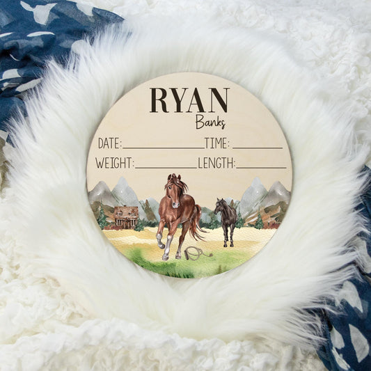 Cowboy Round Wooden Birth Stat Sign, C36