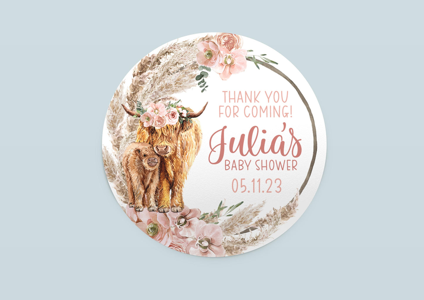 Highland Cow Baby Shower Favor Stickers, Boho C19