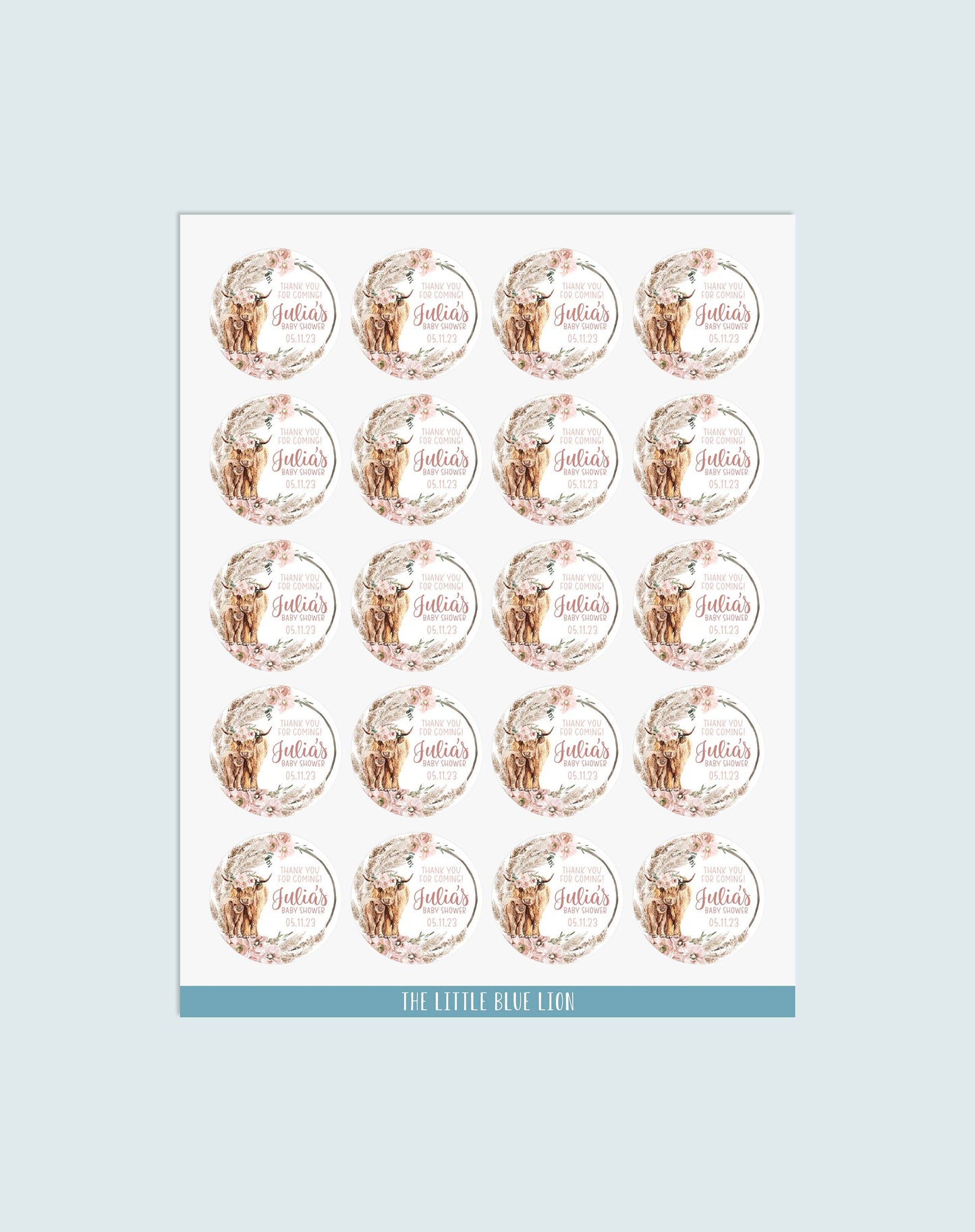 Highland Cow Baby Shower Favor Stickers, Boho C19