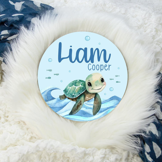 Boy Turtle Under The Sea Round Wood Baby Name Sign, O33