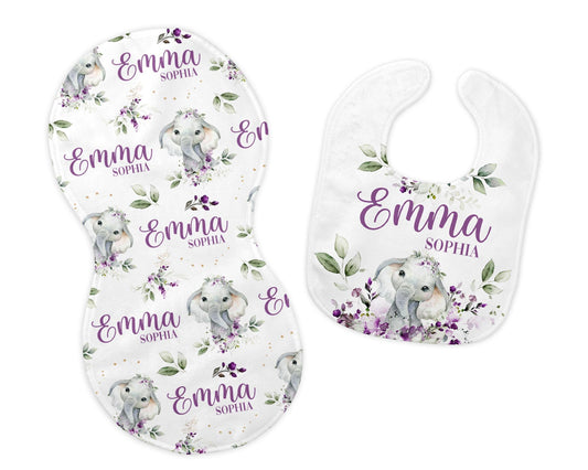 Girl Elephant Bib and Burp Cloth Set, S51