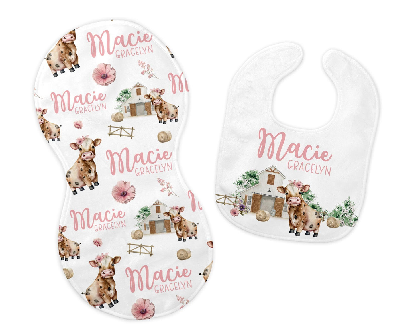 Girl Farm Cow Bib and Burp Cloth Set, C34