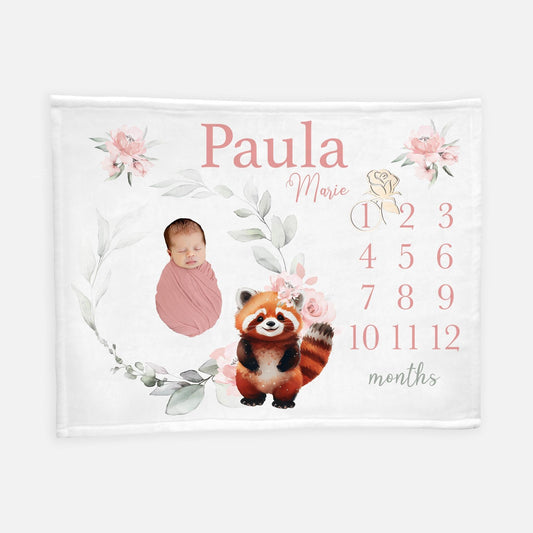 Girl Red Panda Milestone Blanket, Pink Roses W49