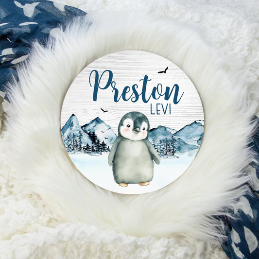 Penguin Round Wood Name Sign, Arctic B61