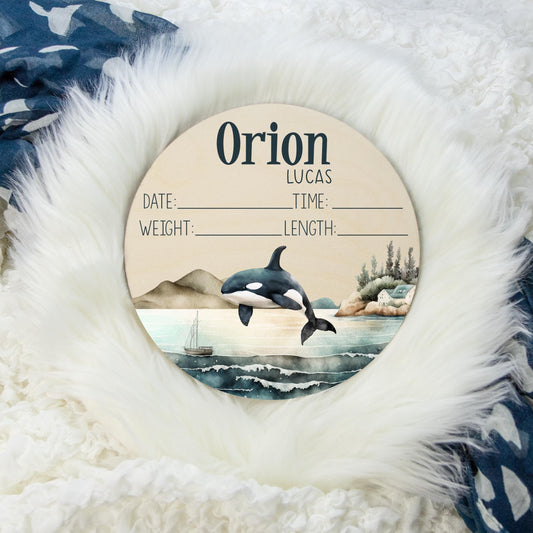 Orca Whale Round Wood Birth Stat Sign, O35