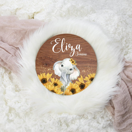 Elephant Round Wood Name Sign, Sunflower Safari, S57