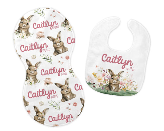 Girl Bunny Bib and Burp Cloth Set