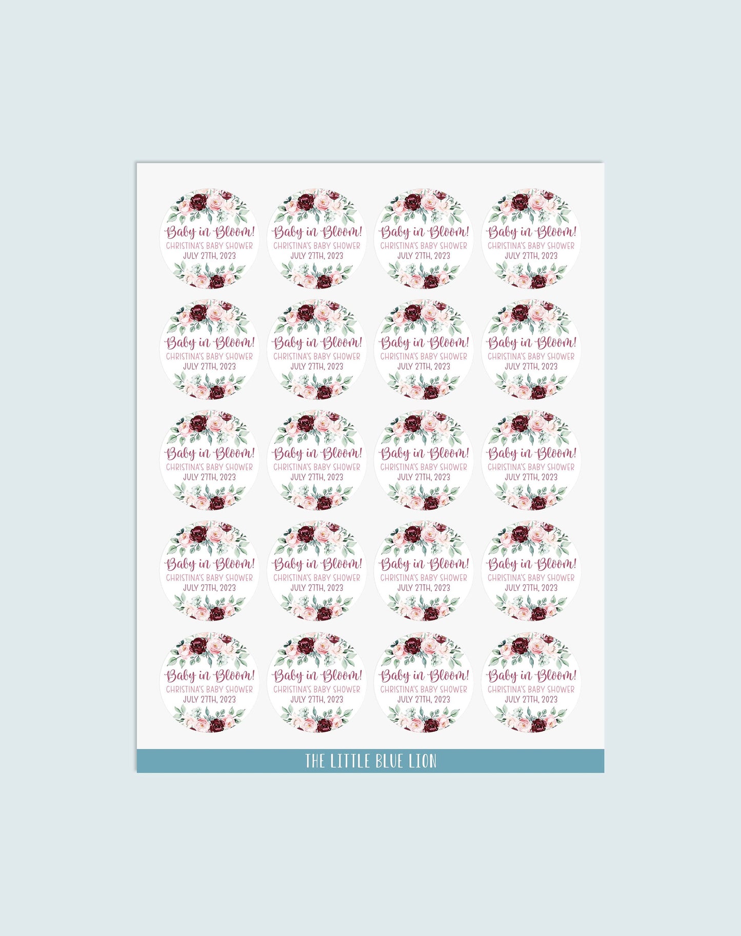 Floral Baby Shower Favor Stickers, Burgundy and Blush F25