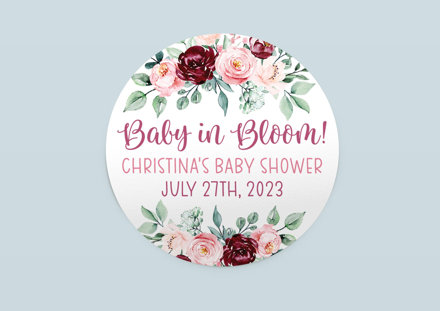 Floral Baby Shower Favor Stickers, Burgundy and Blush F25