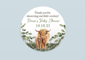 Highland Cow Baby Shower Favor Stickers, Boho C21