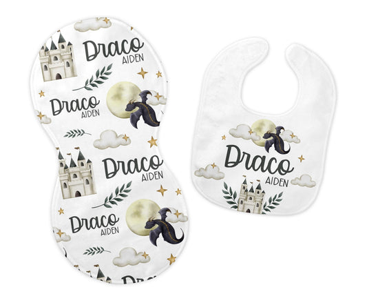 Dragon Bib and Burp Cloth Set, Dragon Bib, Dragon Burp Cloth, Dragon Nursery, Personalized Dragon Bib and Burp Set, B54