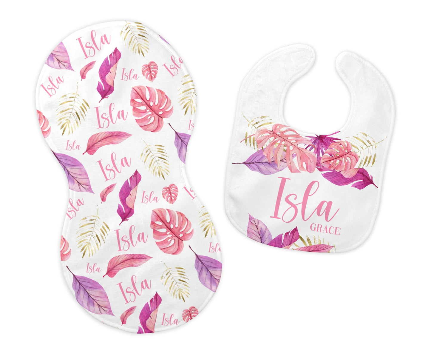 Pink Palm Leaves Bib and Burp Cloth Set, Tropical G56