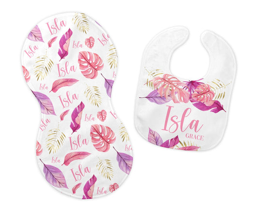 Pink Palm Leaves Bib and Burp Cloth Set, Tropical G56