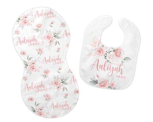 Pink Rose Bouquet Flowers Bib and Burp Cloth Set, F69