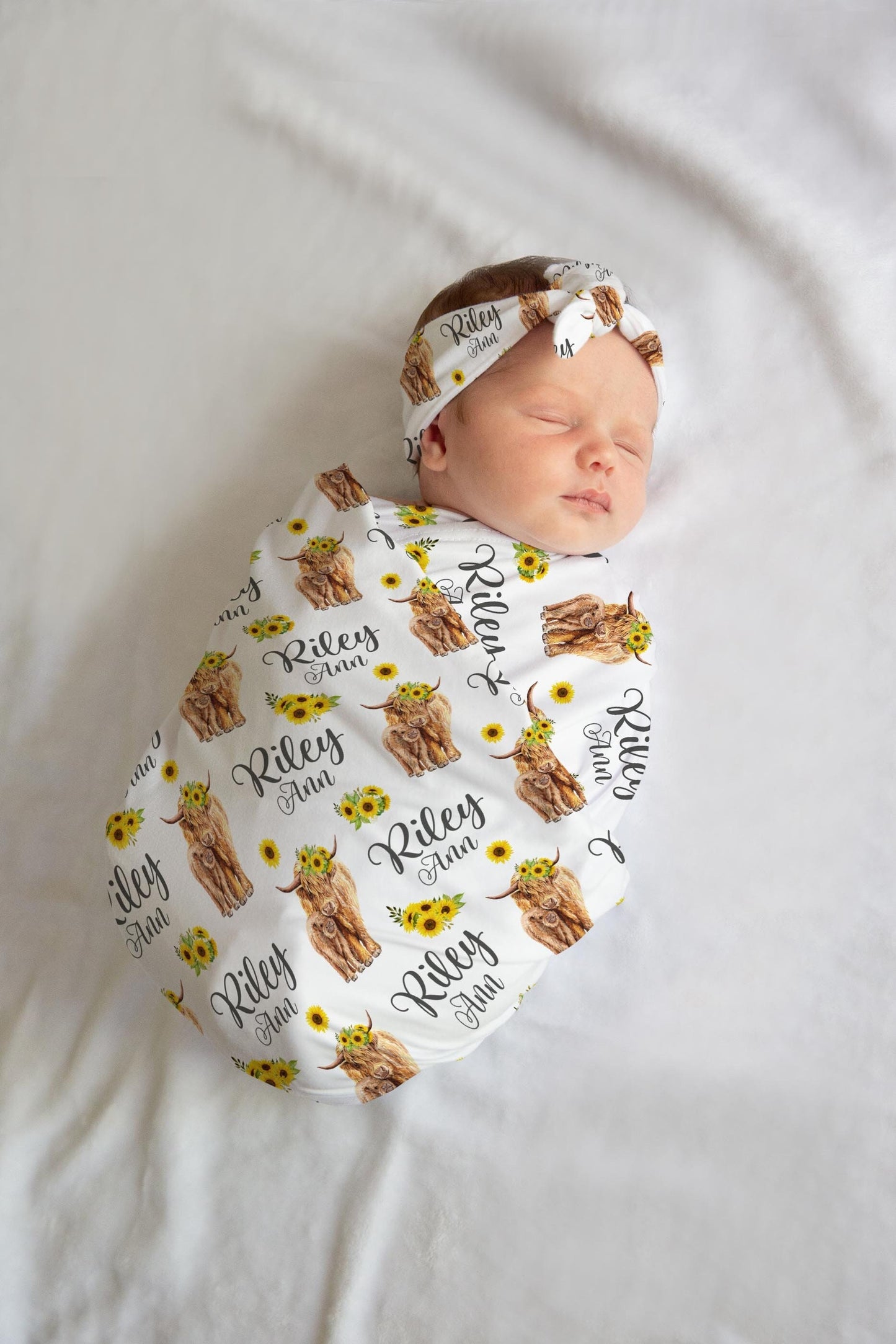 Girl Highland Cow Swaddle Blanket, Sunflower Set C19