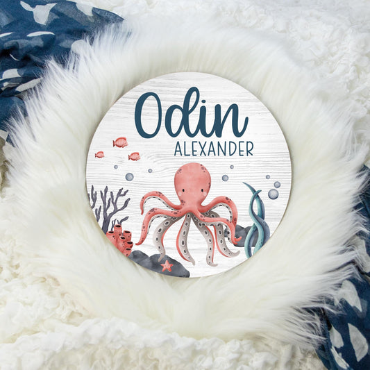 Octopus Round Wood Name Sign, O38