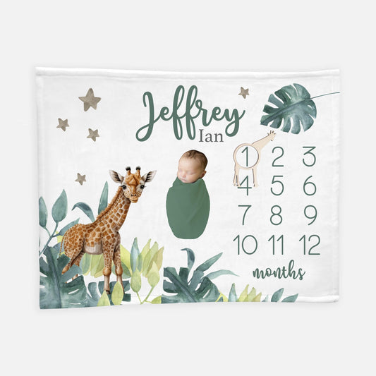 Safari Giraffe Boy Milestone Blanket, Eucalyptus Baby Blanket S58