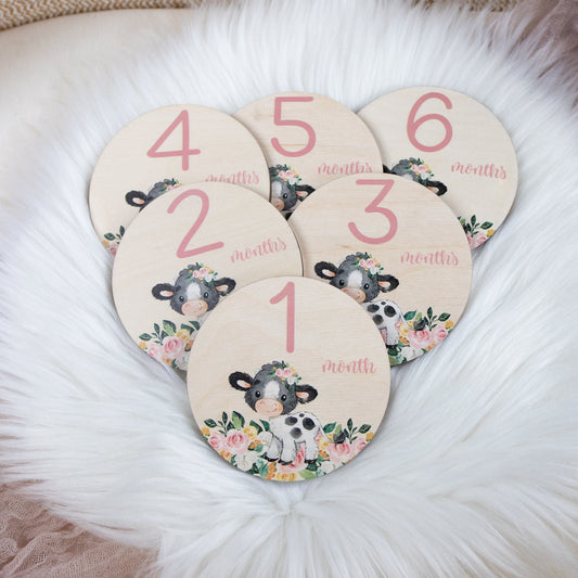 Pink Floral Cow Milestone Wooden Cards C5