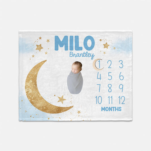 Moon and Stars Boy Milestone Blanket, Celestial Blue Clouds, T60