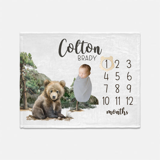 Woodland Bear Baby Milestone Blanket, Forest Bear Milestone Boy Blanket W53