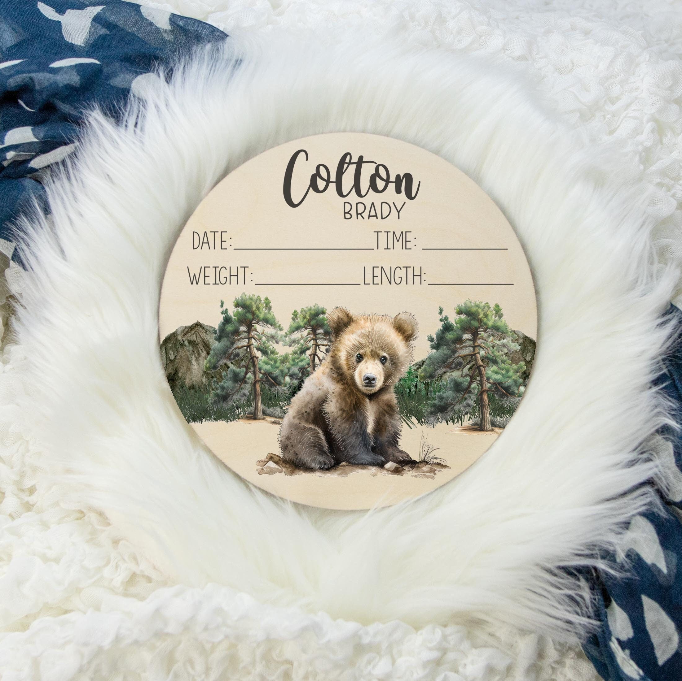 Woodland Bear Birth Wooden Stat Sign, W53 – The Little Blue Lion