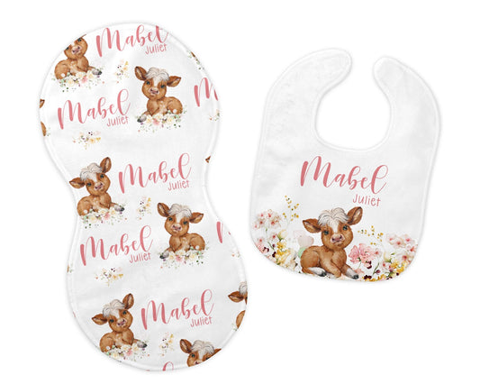 Girl Farm Cow Bib and Burp Cloth Set, C39