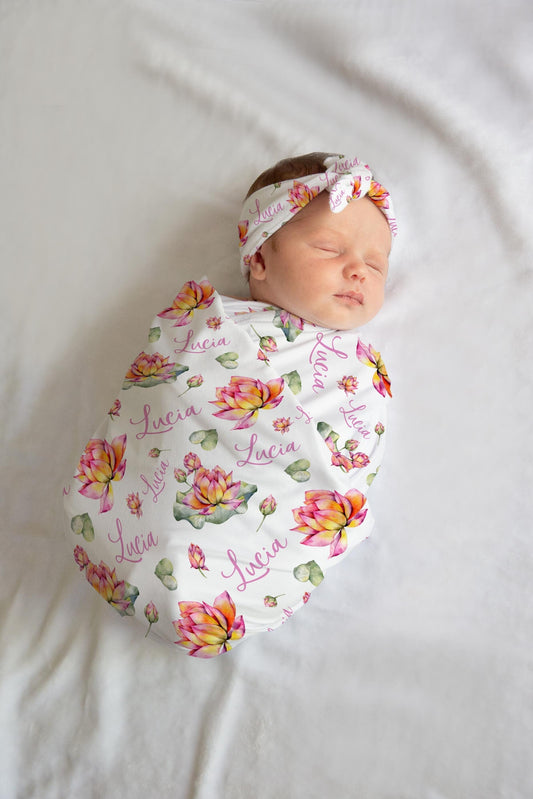 Lotus Flower Personalized Swaddle Blanket, Girl F86