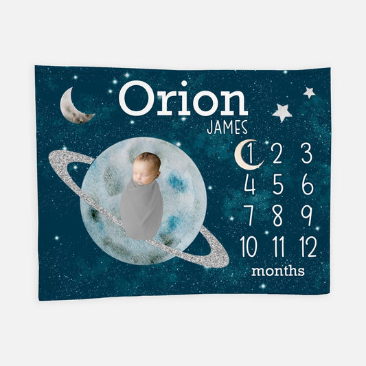 Outer Space Baby Milestone Blanket, Stars and Planets Galaxy, T58