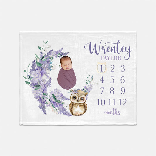 Owl Girl Milestone Blanket, Wisteria Floral, W54