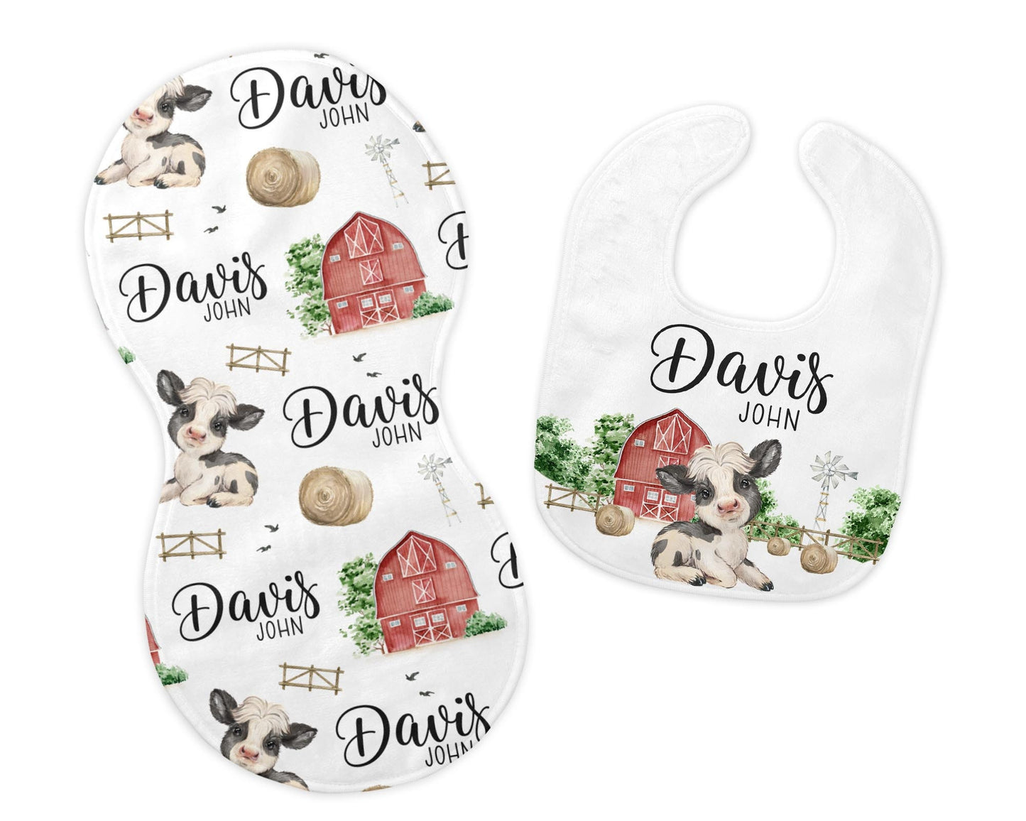 Boy Farm Cow Bib and Burp Cloth Set, C39